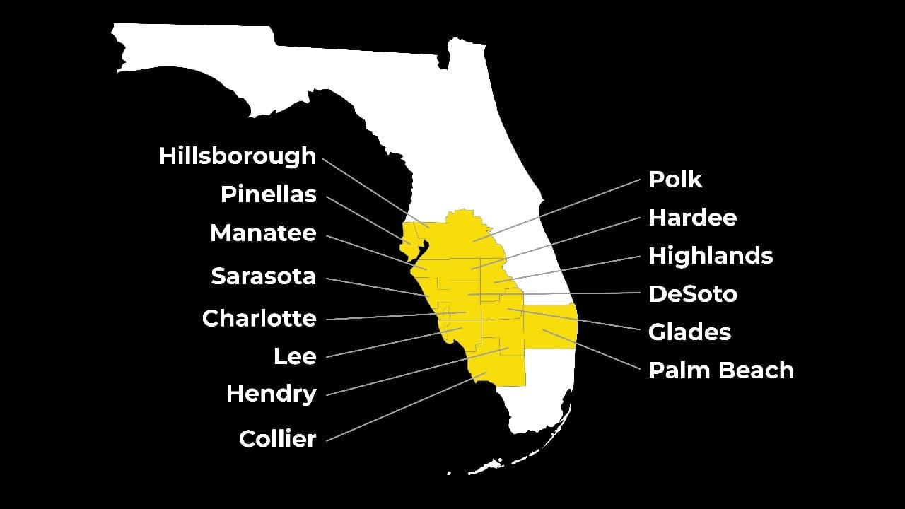Florida Service Area Map showing counties served by Ridgeback Builders