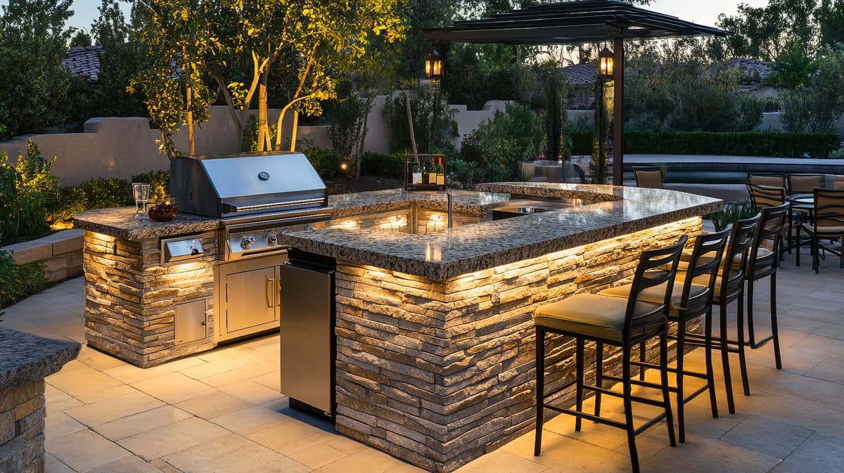 Outdoor kitchen with bar seating and stone construction