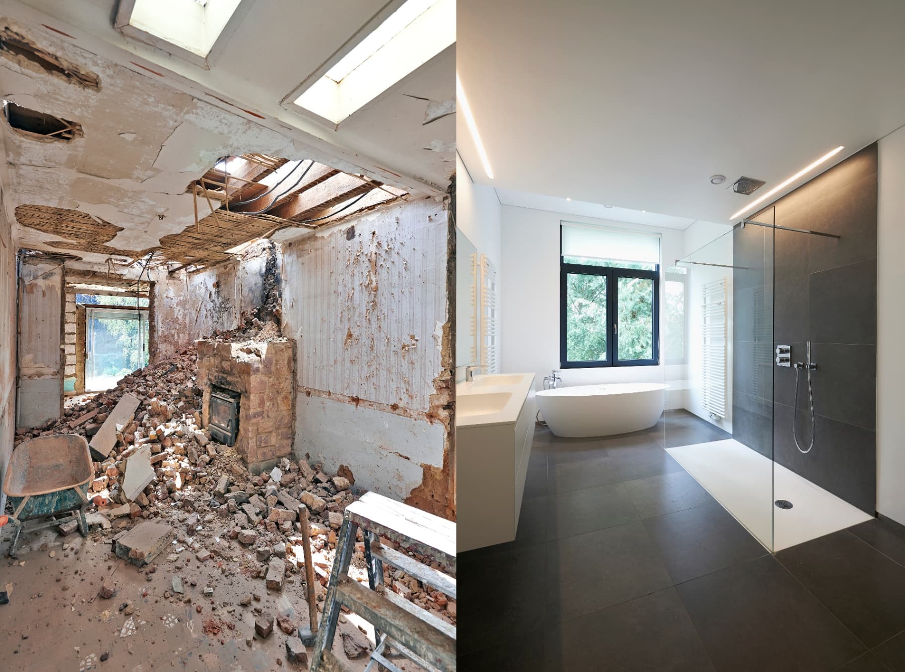 Before and after bathroom renovation showing transformation