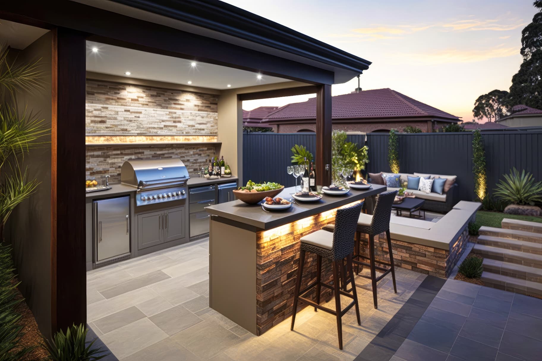 Modern covered outdoor kitchen with entertainment area