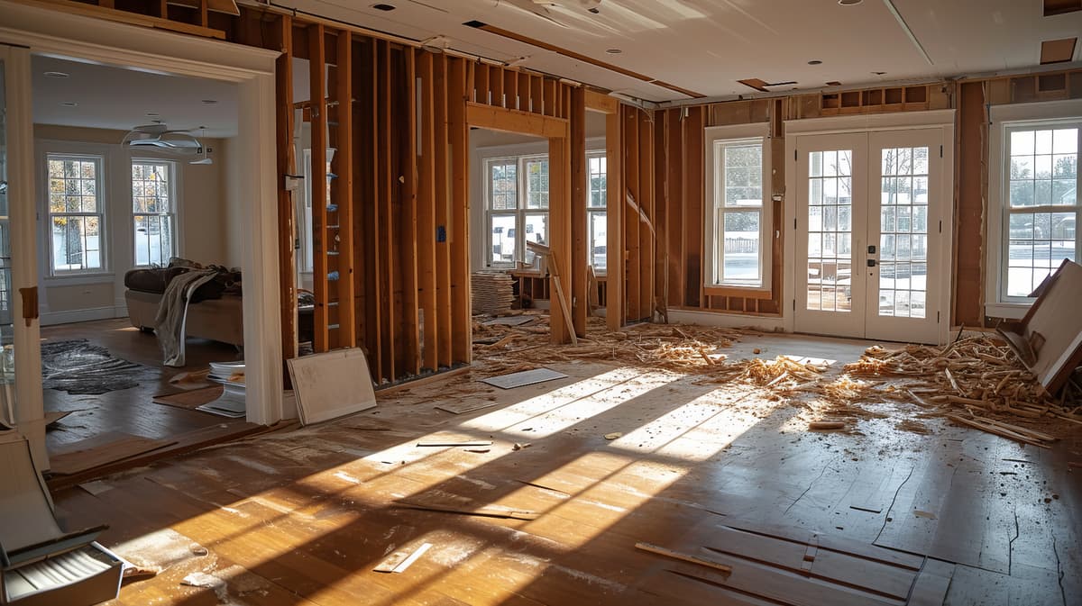Home renovation showing wood frame construction during demolition