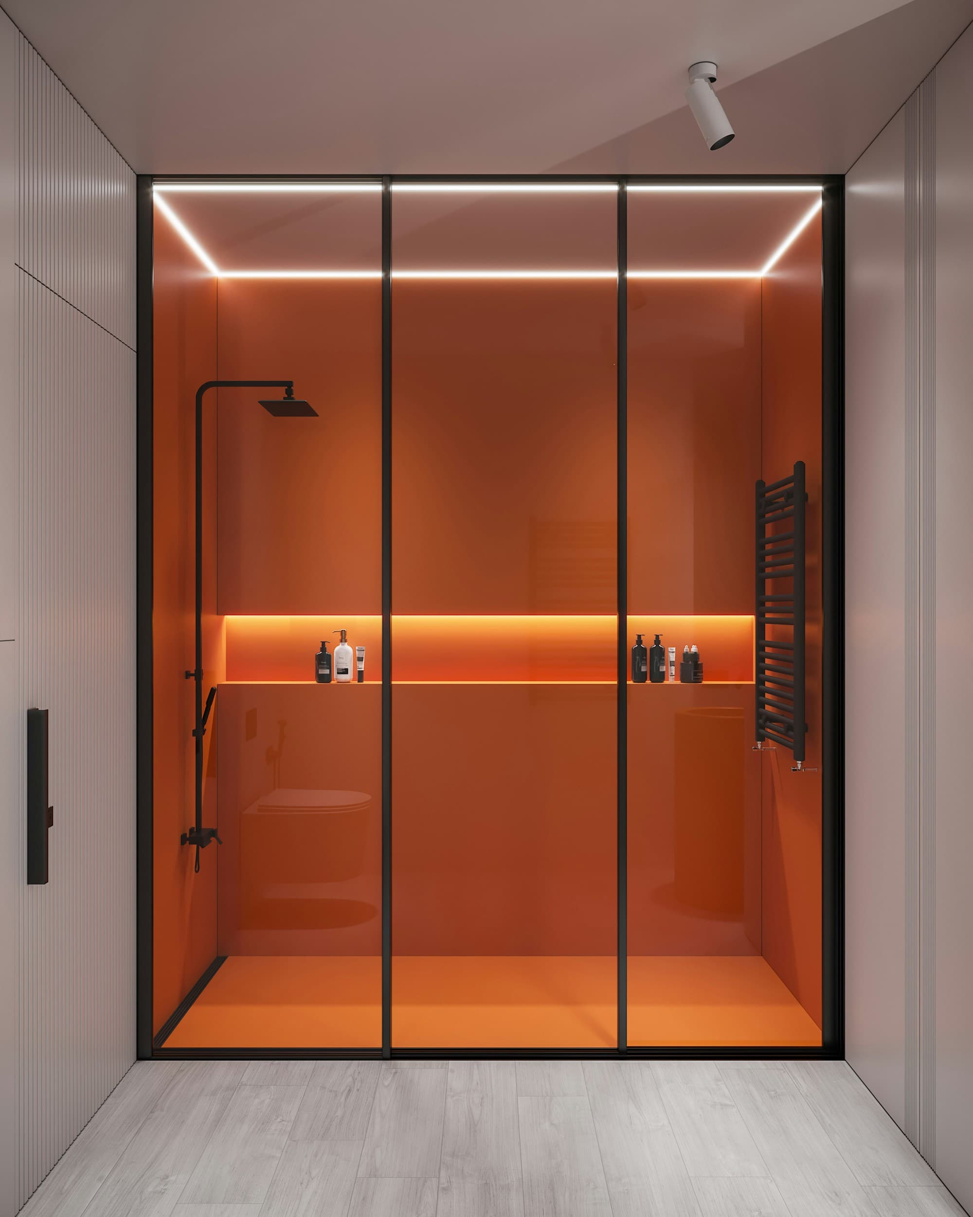 Frameless glass walk-in shower in a compact space