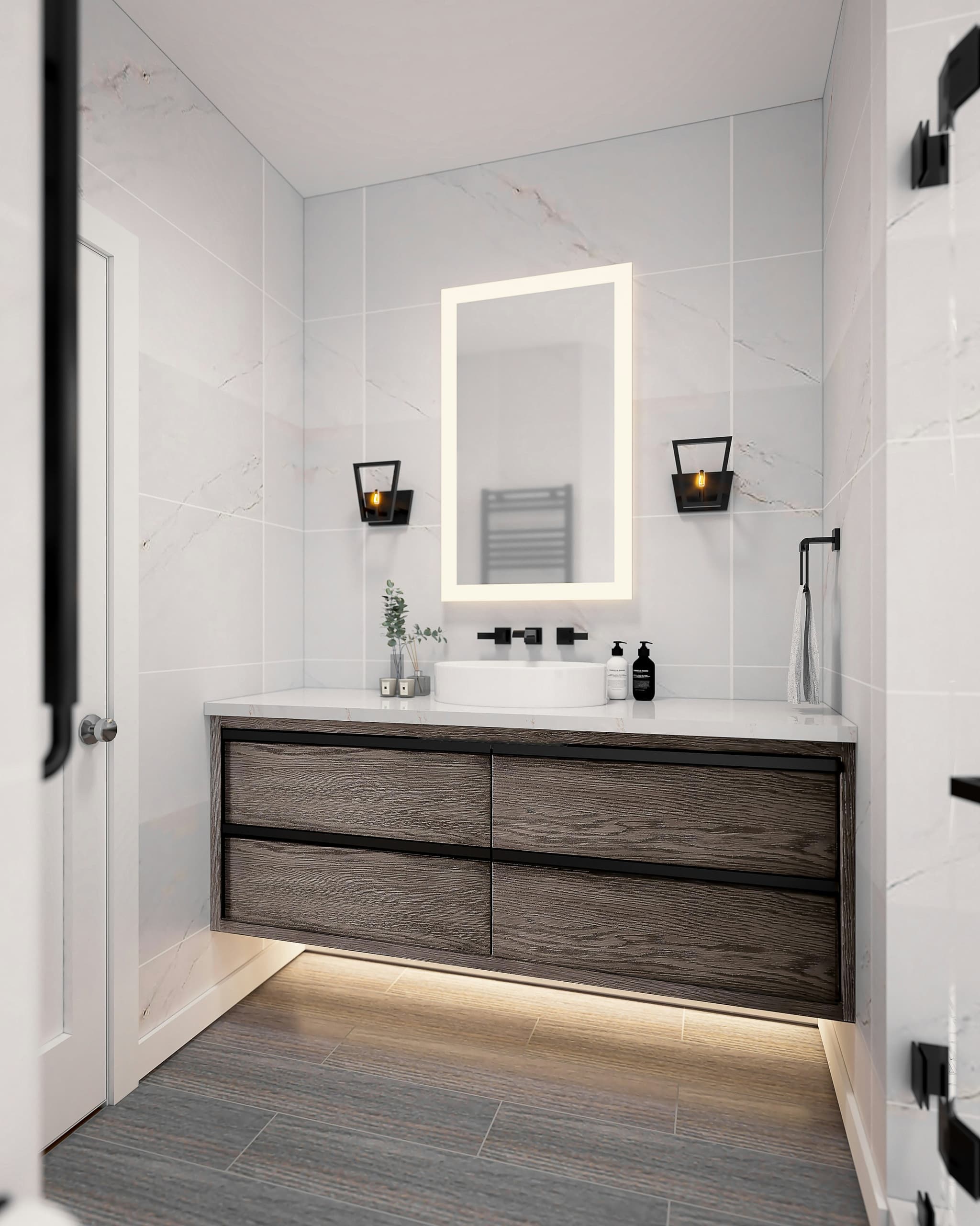 Well-lit bathroom with safety lighting and side-lit mirrors