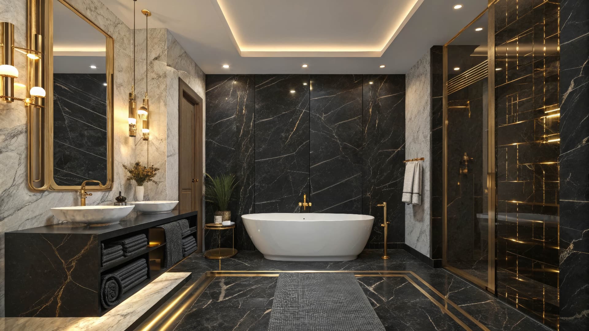 Luxury bathroom with black marble and gold fixtures